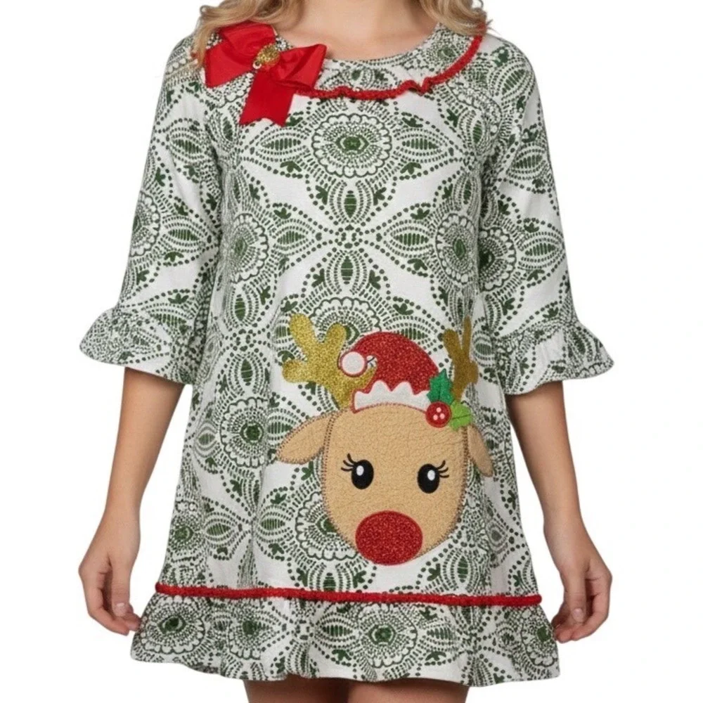 Reindeer Christmas Dress Ruffle Sleeve Holiday Festive‎ Green White child 3/4